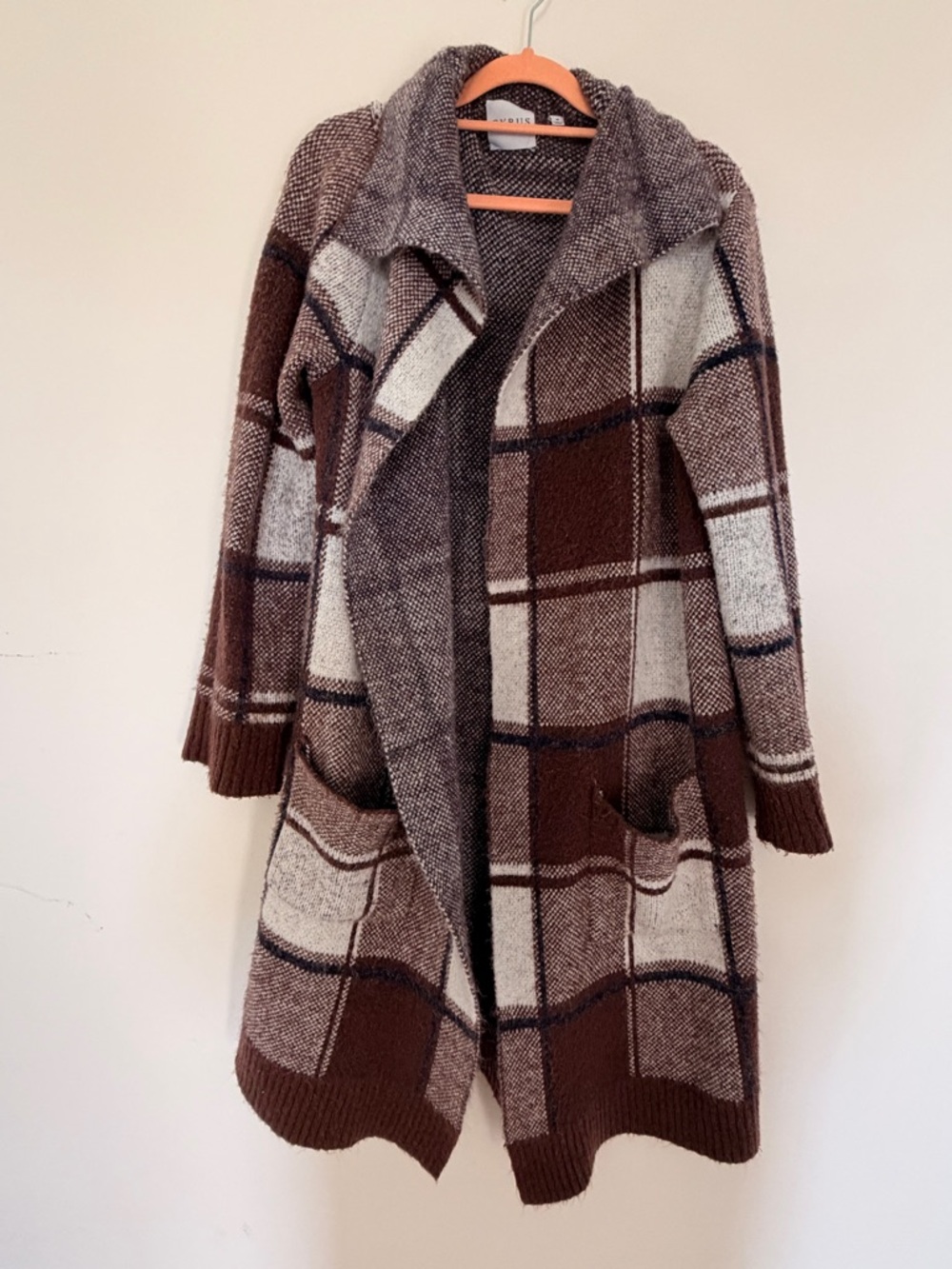 Cyrus Chunky Plaid Open Cardigan in Brown and Cream